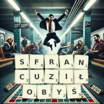 Kreatywna ilustracja do gry w Scrabble ze słowem SFRANCUZIŁOBYŚ ułożonym z płytek na planszy.
