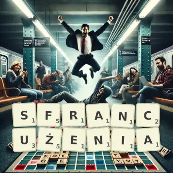 Kreatywna ilustracja do gry w Scrabble ze słowem SFRANCUŻENIA ułożonym z płytek na planszy.