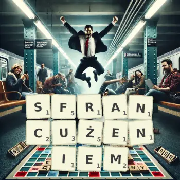 Kreatywna ilustracja do gry w Scrabble ze słowem SFRANCUŻENIEM ułożonym z płytek na planszy.