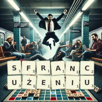 Kreatywna ilustracja do gry w Scrabble ze słowem SFRANCUŻENIU ułożonym z płytek na planszy.