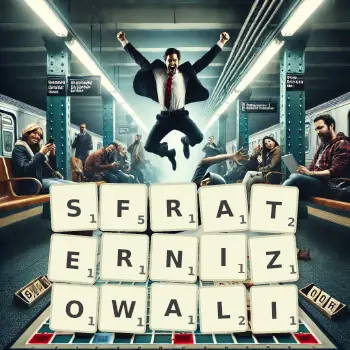 Kreatywna ilustracja do gry w Scrabble ze słowem SFRATERNIZOWALI ułożonym z płytek na planszy.