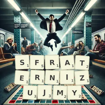 Kreatywna ilustracja do gry w Scrabble ze słowem SFRATERNIZUJMY ułożonym z płytek na planszy.