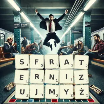 Kreatywna ilustracja do gry w Scrabble ze słowem SFRATERNIZUJMYŻ ułożonym z płytek na planszy.