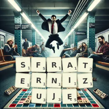 Kreatywna ilustracja do gry w Scrabble ze słowem SFRATERNIZUJĘ ułożonym z płytek na planszy.