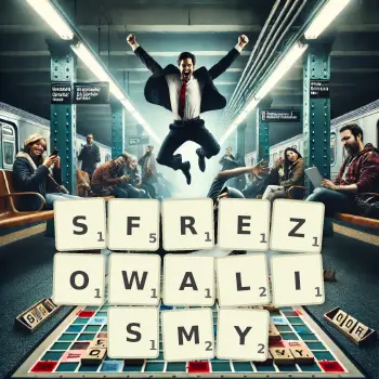 Kreatywna ilustracja do gry w Scrabble ze słowem SFREZOWALISMY ułożonym z płytek na planszy.