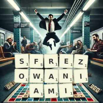 Kreatywna ilustracja do gry w Scrabble ze słowem SFREZOWANIAMI ułożonym z płytek na planszy.