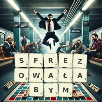 Kreatywna ilustracja do gry w Scrabble ze słowem SFREZOWAŁABYM ułożonym z płytek na planszy.