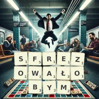 Kreatywna ilustracja do gry w Scrabble ze słowem SFREZOWAŁOBYM ułożonym z płytek na planszy.