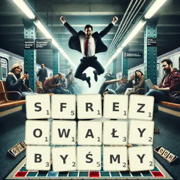 Kreatywna ilustracja do gry w Scrabble ze słowem SFREZOWAŁYBYŚMY ułożonym z płytek na planszy.