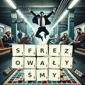 Kreatywna ilustracja do gry w Scrabble ze słowem SFREZOWAŁYŚMY ułożonym z płytek na planszy.