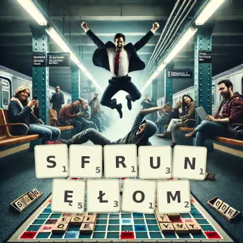 Kreatywna ilustracja do gry w Scrabble ze słowem SFRUNĘŁOM ułożonym z płytek na planszy.