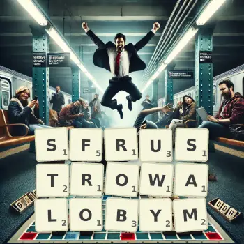 Kreatywna ilustracja do gry w Scrabble ze słowem SFRUSTROWALOBYM ułożonym z płytek na planszy.