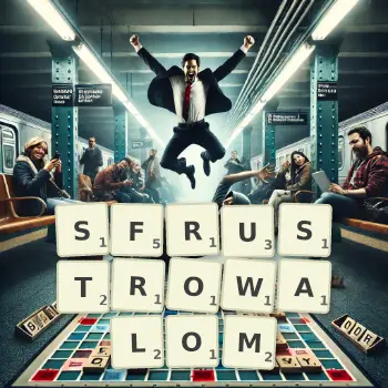 Kreatywna ilustracja do gry w Scrabble ze słowem SFRUSTROWALOM ułożonym z płytek na planszy.