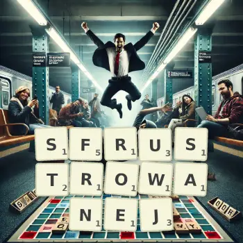 Kreatywna ilustracja do gry w Scrabble ze słowem SFRUSTROWANEJ ułożonym z płytek na planszy.