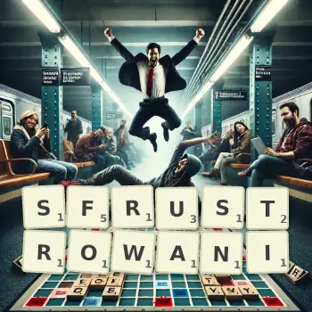 Kreatywna ilustracja do gry w Scrabble ze słowem SFRUSTROWANI ułożonym z płytek na planszy.