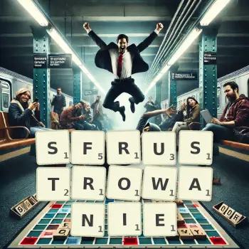 Kreatywna ilustracja do gry w Scrabble ze słowem SFRUSTROWANIE ułożonym z płytek na planszy.