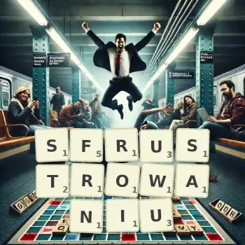 Kreatywna ilustracja do gry w Scrabble ze słowem SFRUSTROWANIU ułożonym z płytek na planszy.