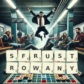 Kreatywna ilustracja do gry w Scrabble ze słowem SFRUSTROWANY ułożonym z płytek na planszy.