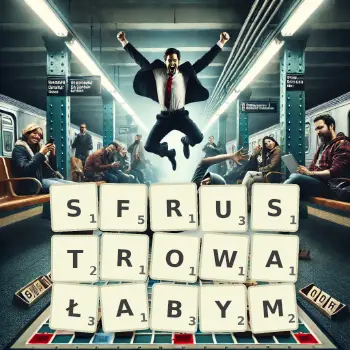 Kreatywna ilustracja do gry w Scrabble ze słowem SFRUSTROWAŁABYM ułożonym z płytek na planszy.