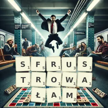 Kreatywna ilustracja do gry w Scrabble ze słowem SFRUSTROWAŁAM ułożonym z płytek na planszy.