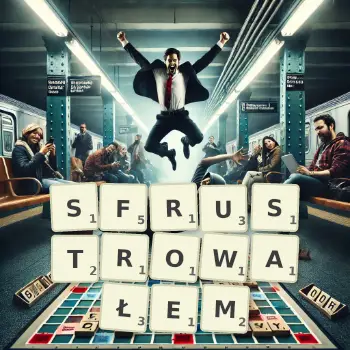 Kreatywna ilustracja do gry w Scrabble ze słowem SFRUSTROWAŁEM ułożonym z płytek na planszy.