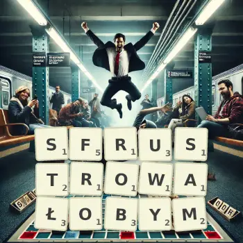 Kreatywna ilustracja do gry w Scrabble ze słowem SFRUSTROWAŁOBYM ułożonym z płytek na planszy.