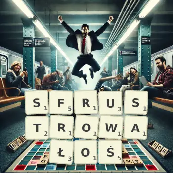 Kreatywna ilustracja do gry w Scrabble ze słowem SFRUSTROWAŁOŚ ułożonym z płytek na planszy.