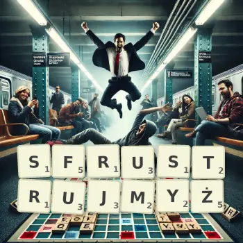 Kreatywna ilustracja do gry w Scrabble ze słowem SFRUSTRUJMYŻ ułożonym z płytek na planszy.