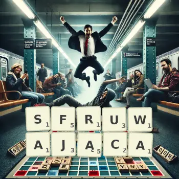 Kreatywna ilustracja do gry w Scrabble ze słowem SFRUWAJĄCA ułożonym z płytek na planszy.