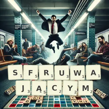 Kreatywna ilustracja do gry w Scrabble ze słowem SFRUWAJĄCYM ułożonym z płytek na planszy.