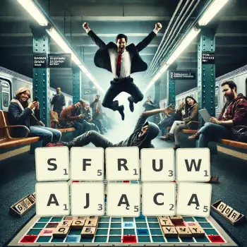 Kreatywna ilustracja do gry w Scrabble ze słowem SFRUWAJĄCĄ ułożonym z płytek na planszy.