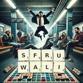 Kreatywna ilustracja do gry w Scrabble ze słowem SFRUWALI ułożonym z płytek na planszy.