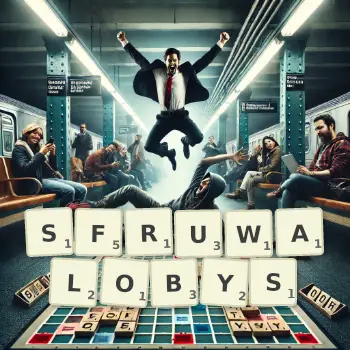 Kreatywna ilustracja do gry w Scrabble ze słowem SFRUWALOBYS ułożonym z płytek na planszy.