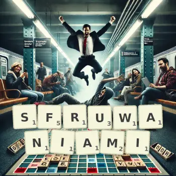 Kreatywna ilustracja do gry w Scrabble ze słowem SFRUWANIAMI ułożonym z płytek na planszy.