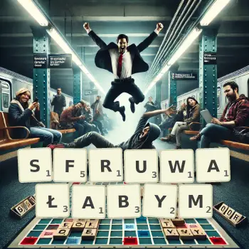 Kreatywna ilustracja do gry w Scrabble ze słowem SFRUWAŁABYM ułożonym z płytek na planszy.