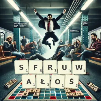 Kreatywna ilustracja do gry w Scrabble ze słowem SFRUWAŁOŚ ułożonym z płytek na planszy.