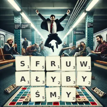 Kreatywna ilustracja do gry w Scrabble ze słowem SFRUWAŁYBYŚMY ułożonym z płytek na planszy.