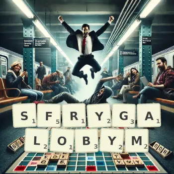 Kreatywna ilustracja do gry w Scrabble ze słowem SFRYGALOBYM ułożonym z płytek na planszy.