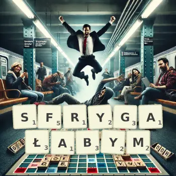 Kreatywna ilustracja do gry w Scrabble ze słowem SFRYGAŁABYM ułożonym z płytek na planszy.