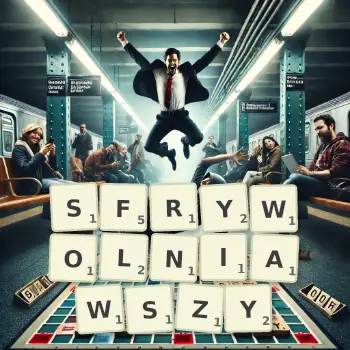 Kreatywna ilustracja do gry w Scrabble ze słowem SFRYWOLNIAWSZY ułożonym z płytek na planszy.