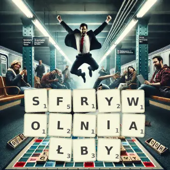Kreatywna ilustracja do gry w Scrabble ze słowem SFRYWOLNIAŁBY ułożonym z płytek na planszy.