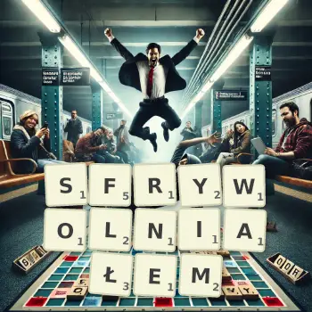 Kreatywna ilustracja do gry w Scrabble ze słowem SFRYWOLNIAŁEM ułożonym z płytek na planszy.