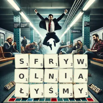 Kreatywna ilustracja do gry w Scrabble ze słowem SFRYWOLNIAŁYŚMY ułożonym z płytek na planszy.