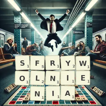 Kreatywna ilustracja do gry w Scrabble ze słowem SFRYWOLNIENIA ułożonym z płytek na planszy.