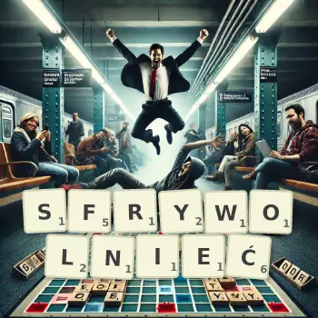 Kreatywna ilustracja do gry w Scrabble ze słowem SFRYWOLNIEĆ ułożonym z płytek na planszy.