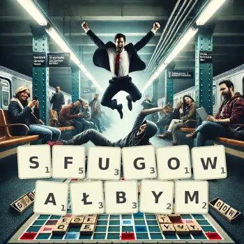 Kreatywna ilustracja do gry w Scrabble ze słowem SFUGOWAŁBYM ułożonym z płytek na planszy.