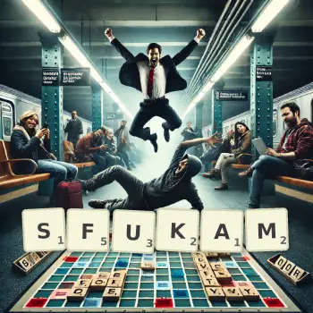 Kreatywna ilustracja do gry w Scrabble ze słowem SFUKAM ułożonym z płytek na planszy.