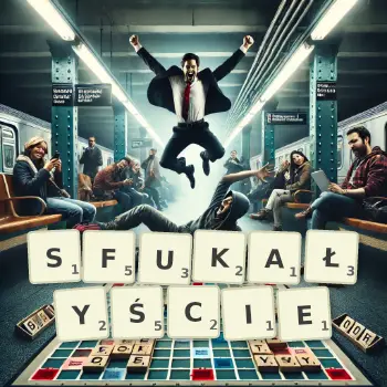 Kreatywna ilustracja do gry w Scrabble ze słowem SFUKAŁYŚCIE ułożonym z płytek na planszy.