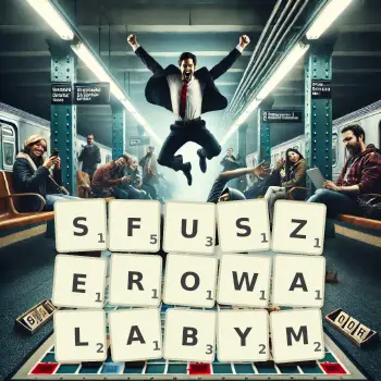 Kreatywna ilustracja do gry w Scrabble ze słowem SFUSZEROWALABYM ułożonym z płytek na planszy.