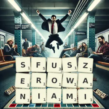 Kreatywna ilustracja do gry w Scrabble ze słowem SFUSZEROWANIAMI ułożonym z płytek na planszy.